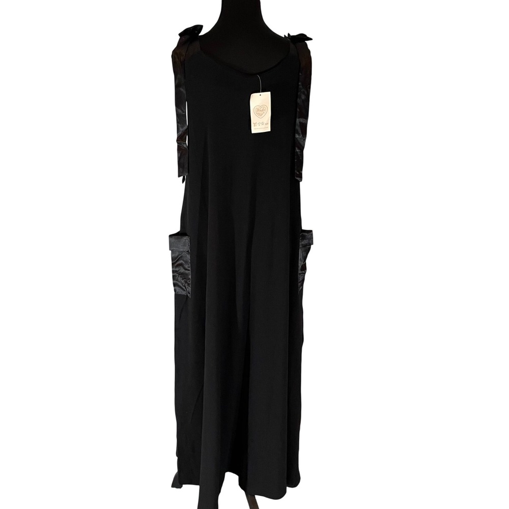 Black Ribbed Maxi Dress Bow Shoulders Side Pockets Size 16T Stretchy Material - Picture 3 of 7